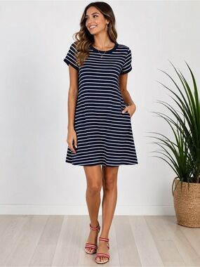 Copper Key Navy and White Striped Short Sleeve Swing Dress XL (Juniors) M/L
